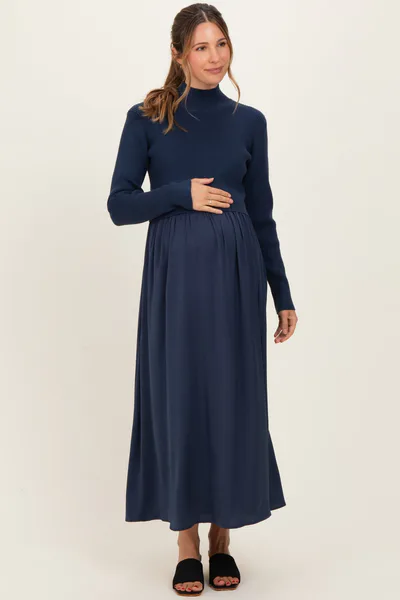 PinkBlush Navy Knit Contrast Top Satin Maternity Midi Dress
