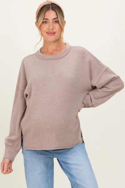 PinkBlush Beige Brushed Ribbed Knit Maternity Pullover