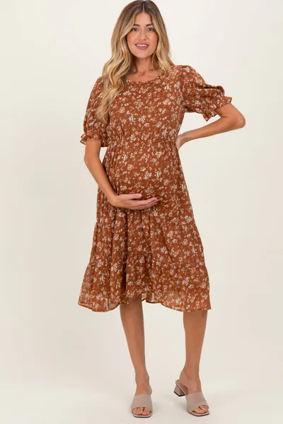 PinkBlush Rust Floral Short Sleeve Tiered Maternity Midi Dress