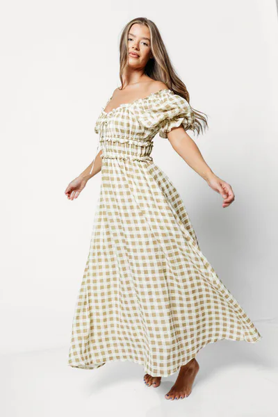 Worth Collective Sydnee Maxi Dress in Natural Gingham - Bump Friendly & Inclusive Sizing *9/16 PRE-ORDER*