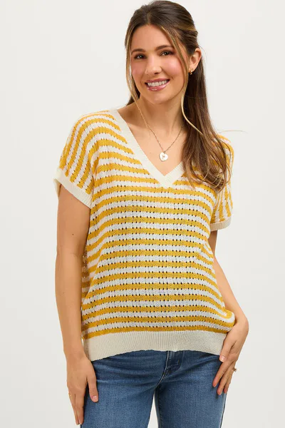 PinkBlush Mustard Striped Knit V-Neck Short Sleeve Maternity Top