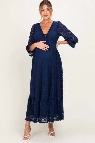 PinkBlush Navy Floral Lace 3/4 Ruffle Sleeve V-Neck Maternity Maxi Dress