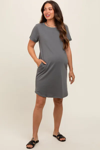 PinkBlush Charcoal French Terry Cuffed Short Sleeve Maternity Dress