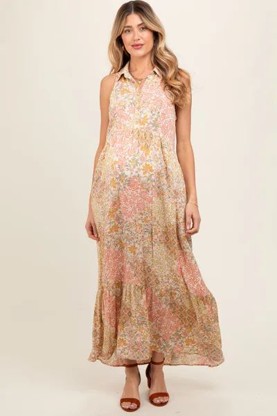 PinkBlush Peach Floral Sleeveless Button Tiered Collared Maternity Maxi Dress