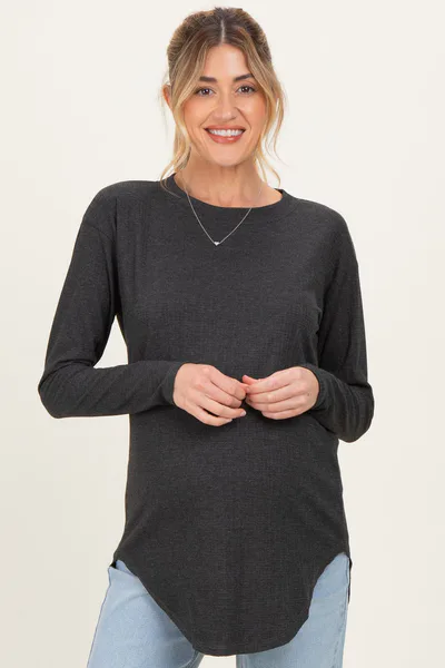 PinkBlush Charcoal Long Sleeve Round Hem Textured Maternity Top