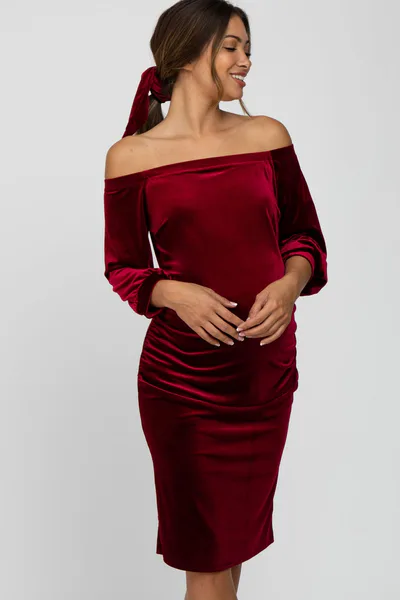 PinkBlush Burgundy Velvet Off Shoulder Fitted Maternity Dress