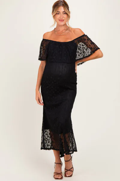 PinkBlush Black Off Shoulder Lace Maternity Maxi Dress