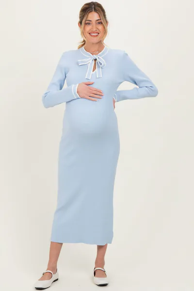 PinkBlush Light Blue Ribbed Knit Tie Neck Maternity Sweater Dress