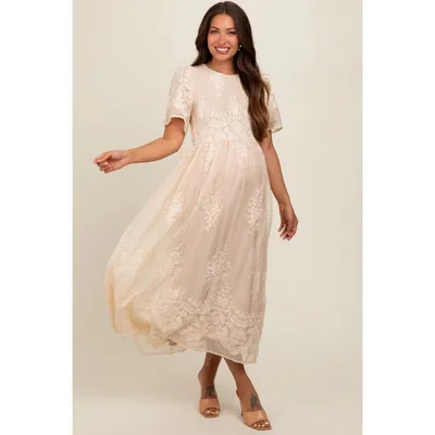 Target Pinkblush Cream Embroidered Smocked Maternity Midi Dress Medium