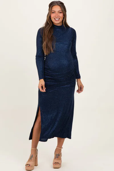 PinkBlush Navy Sequin Long Sleeve Mock Neck Maternity Maxi Dress