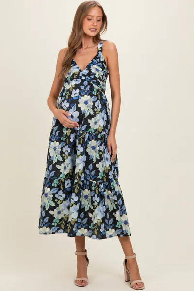 PinkBlush Black Floral Pleated Bust Tiered Maternity Maxi Dress