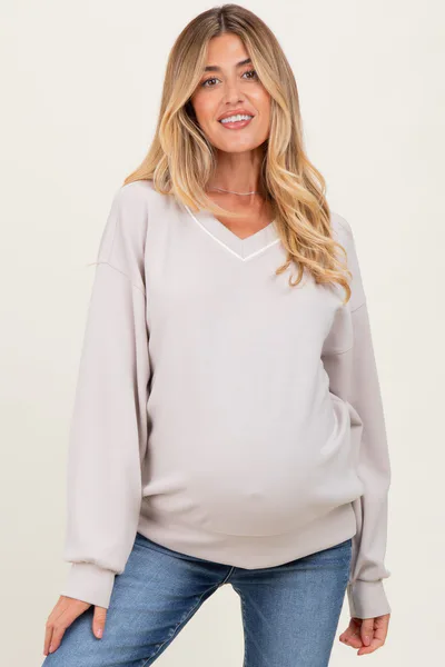 PinkBlush Beige V-Neck Maternity Sweatshirt