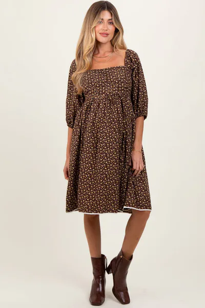 PinkBlush Mocha Floral Pleated Bodice Lace Trim Maternity Midi Dress