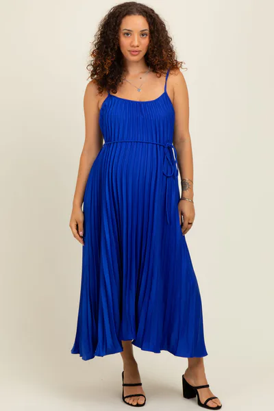 PinkBlush Royal Blue Pleated Sash Tie Maternity Midi Dress