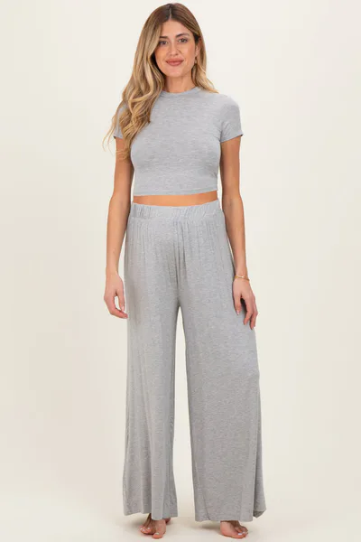 PinkBlush Heather Grey Short Sleeve Crop Top Wide Leg Pant Maternity Set