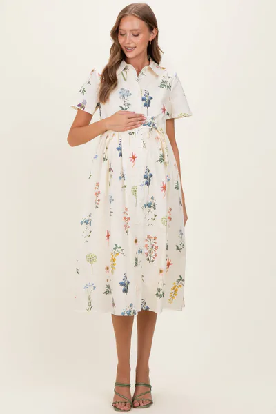 PinkBlush Ivory Floral Button Down Maternity Midi Dress
