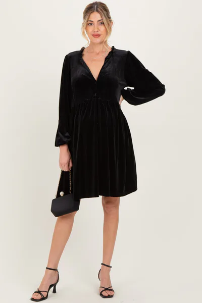 PinkBlush Black Velvet Button Up V-Neck Maternity Dress