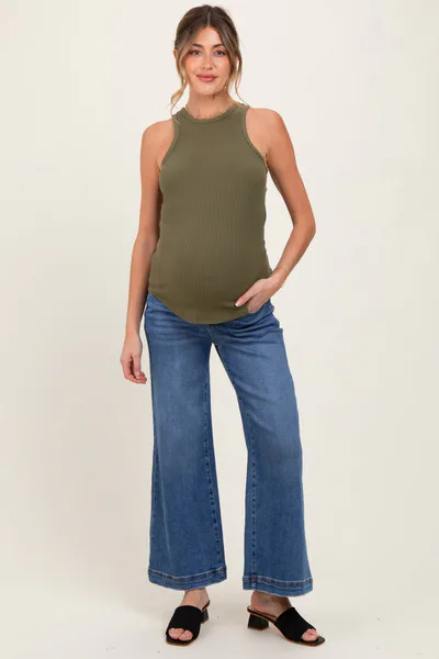 PinkBlush Blue Yoke Detail Ankle Wide Leg Maternity Jeans