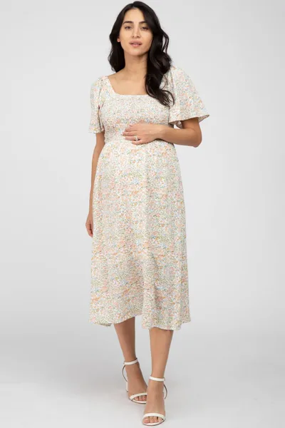 PinkBlush Cream Floral Smocked Square Neck Maternity Midi Dress