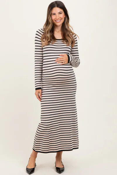 PinkBlush Black Striped Cutout Long Sleeve Maternity Maxi Dress