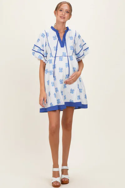 PinkBlush White/ Blue Floral Short Puff Sleeve Front Tie Maternity Dress