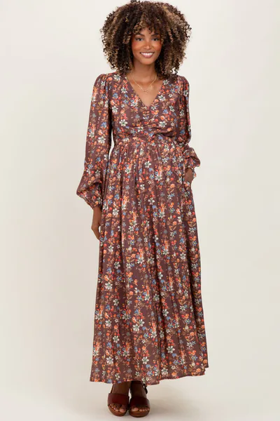 PinkBlush Mocha Floral Cinched Bust 3/4 Sleeve Maternity Maxi Dress