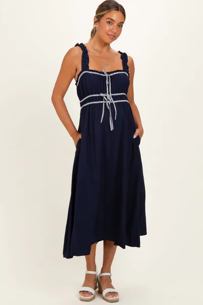 PinkBlush Navy Front Tie Sleeveless Maternity Midi Dress