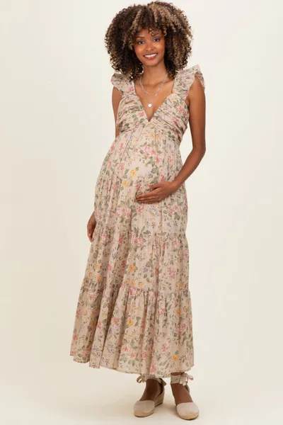 PinkBlush Beige Floral V-Neck Tiered Maternity Midi Dress