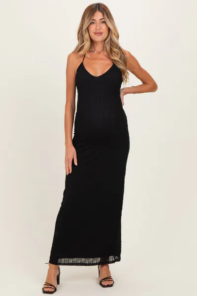 PinkBlush Black Halter Textured Knit Maternity Maxi Dress