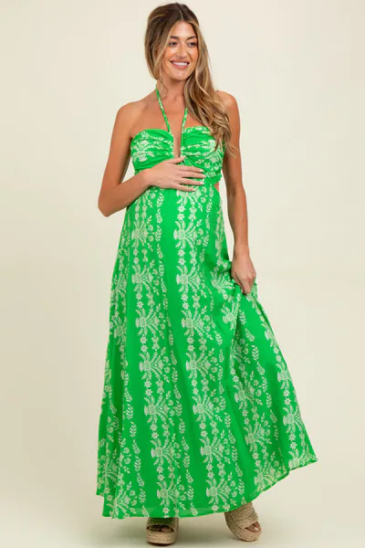 PinkBlush Green Floral Halter Tie Back Cutout Maternity Maxi Dress