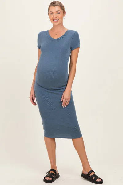 PinkBlush Denim Ribbed Short Sleeve Maternity Midi Dress