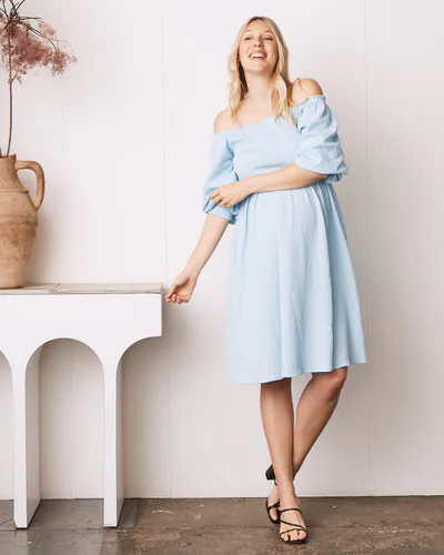 Angel Maternity Avery Baby Shower Smock Dress in Blue