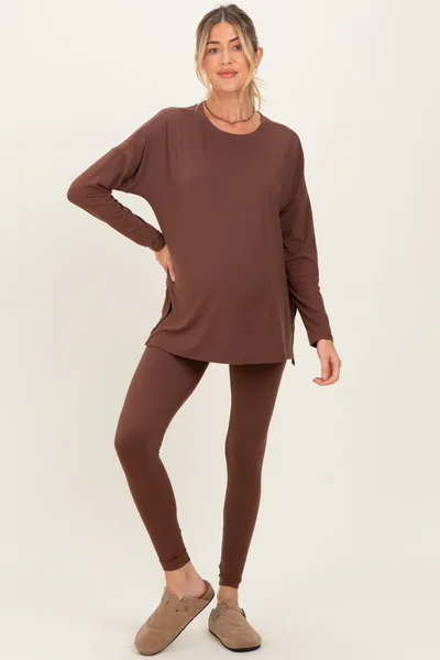 PinkBlush Brown Brushed Knit Maternity Oversized Top and Legging Set