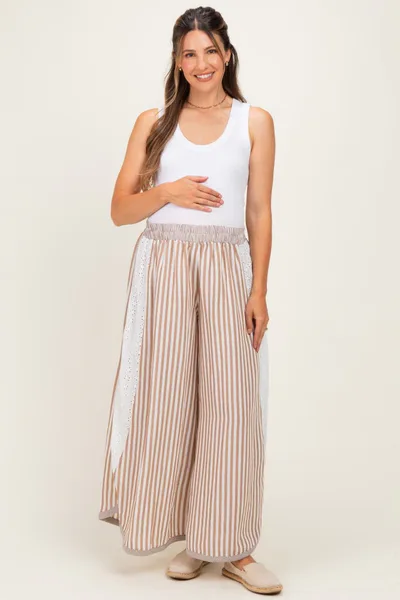 PinkBlush Caramel Stripe Eyelet Lace Maternity Wide Leg Pant
