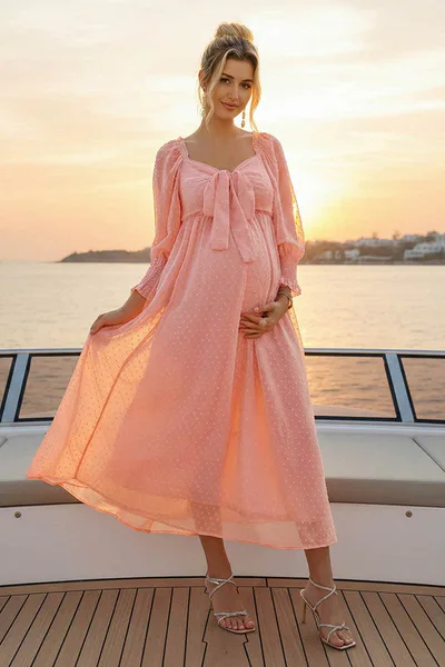 Summer Mae Summer Mae Bow Tie Neck Maternity Midi Dress | Sheer Sleeve Bump Friendly Photoshoot Dress