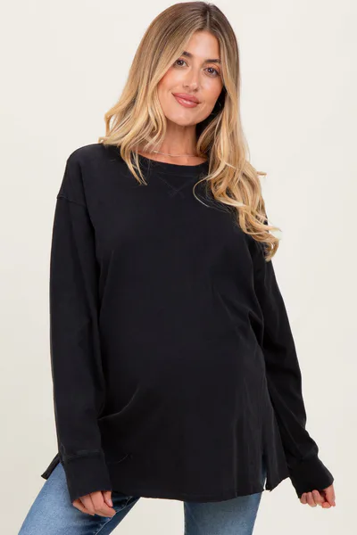 PinkBlush Black Mineral Washed Drop Shoulder Long Sleeve Maternity Top