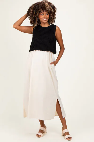 PinkBlush Black/ Cream Sleeveless Sweater Top Colorblock Maternity Midi Dress