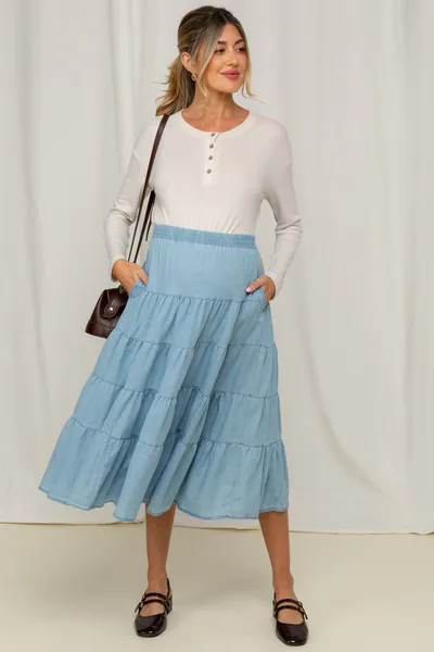 PinkBlush Light Blue Tiered Elastic Maternity Midi Skirt
