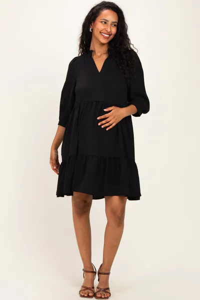 PinkBlush Black Ruffle Split Neck Tiered Maternity Dress