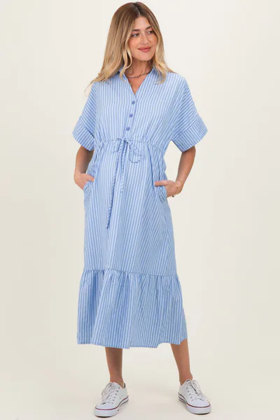 PinkBlush Light Blue Striped Button Collared Maternity Midi Dress