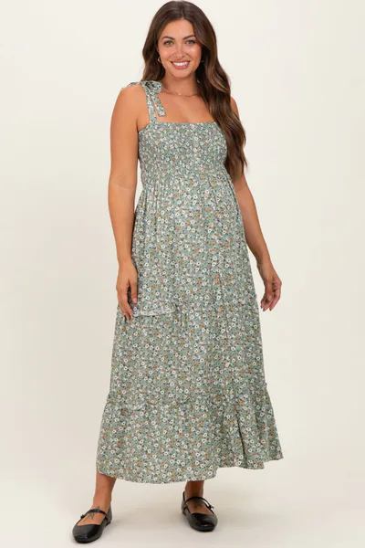 PinkBlush Light Olive Floral Button Down Shoulder Tie Maternity Maxi Dress