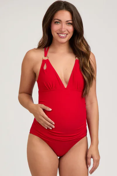 PinkBlush Red Ribbed V-Neck Ruched Criss Cross Low Back Maternity One Piece Swimsuit