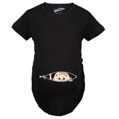 Target Maternity Baby Girl Peeking Pink Bow New Baby Announcement Pregnancy T shirt - Crazy Dog Maternity T Shirt Gift for Mom to be Black M