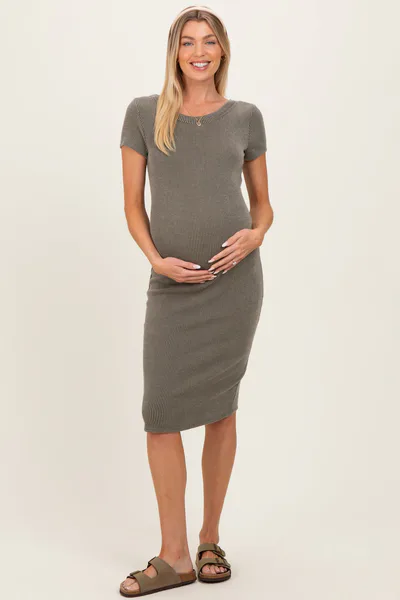 PinkBlush Olive Ribbed Short Sleeve Maternity Midi Dress