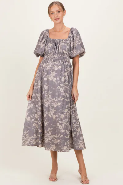 PinkBlush Grey Floral Puff Sleeve Smocked Waist Maternity Midi Dress