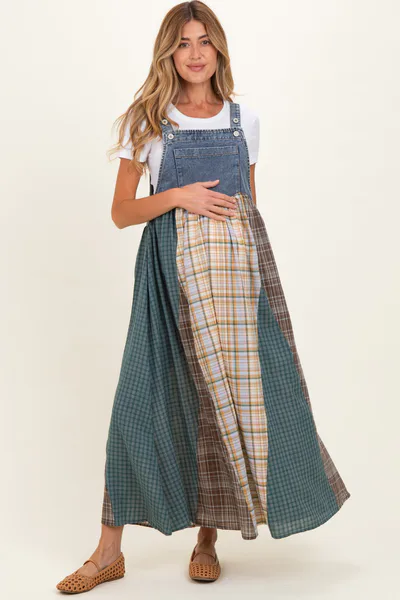 PinkBlush Denim Plaid Colorblock Overall Maternity Dress