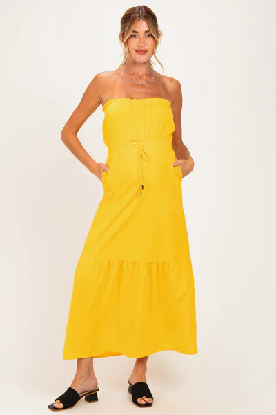 PinkBlush Sunflower Strapless Cinched Waist Tie Maternity Maxi Dress