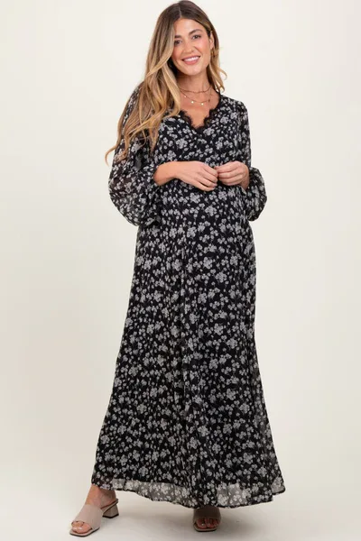 PinkBlush Black Floral Chiffon Lace Trim Back Tie Maternity Maxi Dress