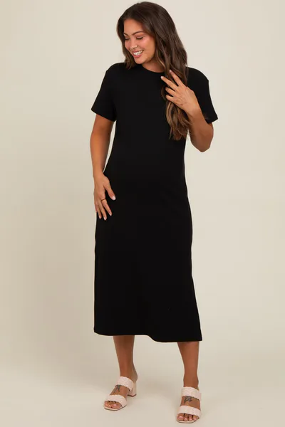 PinkBlush Black Short Sleeve Side Slit Maternity T-Shirt Midi Dress