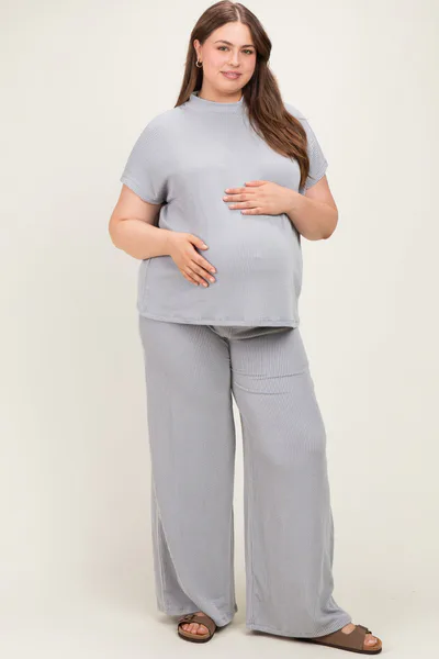 PinkBlush Grey Plus Raised Rib Short Sleeve Maternity Tee & Pants Set